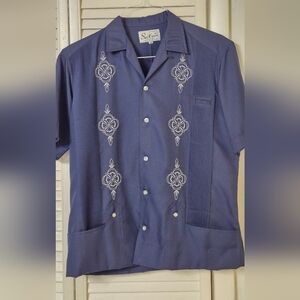 Men's Blue Embroidered Guayabera  Button-Up Shirt